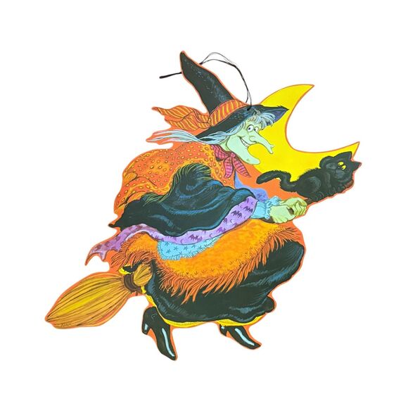 Vintage Halloween Witch on Broom Die-Cut Moon Black Cat Decor 17" Double-Sided - Picture 2 of 4